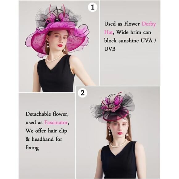 Women Organza Church Tea Party Hats Floral Pink main image 4
